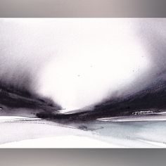 an abstract black and white painting with watercolors on paper, depicting the landscape