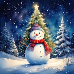 a painting of a snowman in front of a christmas tree