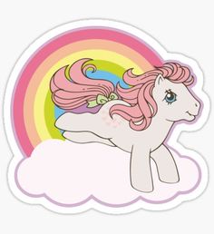 a white unicorn with pink hair is flying in the sky and has a rainbow behind it