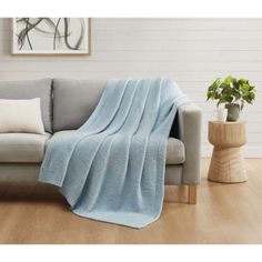 a couch with a blue blanket on top of it next to a potted plant