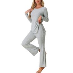 cheibear Women’s Ribbed Knit Long Sleeves Top and Pants Two Piece Pajama Sets Gray X-Small Cute Sleepwear, Jacket Fashion, Sleepwear Sets, Sleep Set, Sleeves Top, Long Sleeve Knit Tops, Short Pajama Set, Lounge Set, Pajama Sets