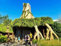 two people standing in front of a building with trees growing out of the roof and walls