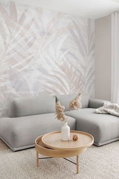 scandy interior design with grey sofa and leaves wall mural Living Room Curved Sofa, Wallpaper For Walls Interiors, Curved Sofa Living Room, Couch White, Wallpaper For Home Wall, Sofas Living Room, Wallpaper Walls Bedroom, Indian Bedroom Decor, Living Room Wall Color