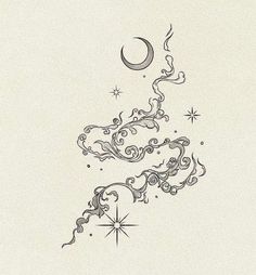 a drawing of the moon and stars with swirls on it's side, in black ink