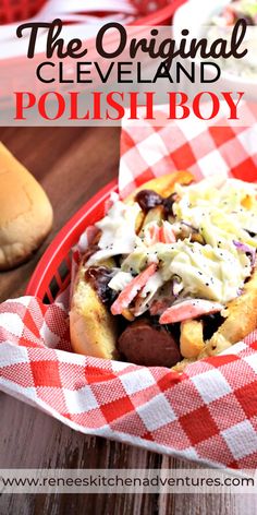 a red and white checkered basket filled with a hot dog covered in coleslaw