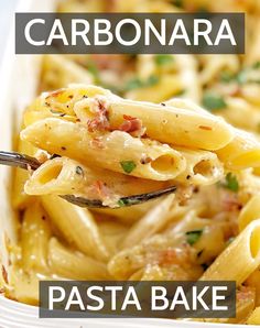 a spoon full of pasta with the words carbonara on it and an image of a fork