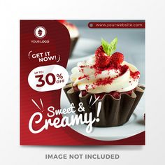 a flyer for a sweet and creamy dessert with strawberries on top is shown in this image