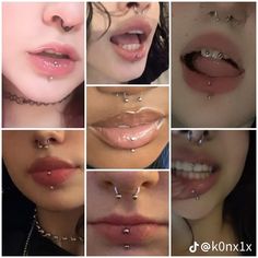 multiple images of different types of nose piercings on women's lips and noses