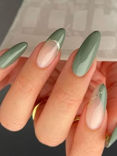 25 Sage Green Nails That Are Worth Swooning Over Solid And French Tip Nails, Partial French Tip Nails, Spring Nails 2023 Green, Nails To Match Sage Green Dress, Save Green Nails, Dip Spring Nails, One Nail Art, Almond Nails Nail Art, Green Acrylic Nails