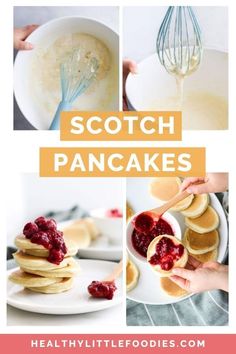 some pancakes with cranberry sauce on top and the words scotch pancakes above them