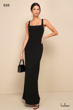 Bring an elevated sparkle wherever you go in the Lulus Timeless Poise Black Rhinestone Square Neck Backless Maxi Dress! This luxe dress has a stretchy, techno crepe woven fabrication that falls from wide straps into a flattering square neckline that continues into a scoop back, all adorned with sparkling rhinestone trim. A princess-seamed bodice and a fitted waist sit atop a figure-skimming column skirt that finishes at an elegant maxi hem. Kick pleat at back allows for movement. Hidden back zip Black Square Neckline Dress, Black Square Neck Maxi Dress For Party, Black Square Neck Evening Dress, Fitted Black Maxi Dress With Square Neck, Black Square Neck Maxi Dress For Evening, Luxury Black Square Neck Maxi Dress, Tight Formal Dresses, Tight Maxi Dress, Tailor Clothes