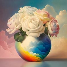 a painting of white roses in a rainbow colored vase with blue sky and clouds behind it