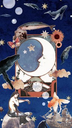 an artistic collage with animals, birds and stars