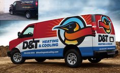 two pictures of the same vehicle with different colors and logos, one for heating and cooling