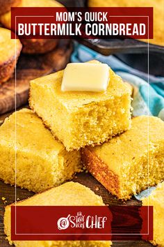 buttermilk cornbread is stacked on top of each other