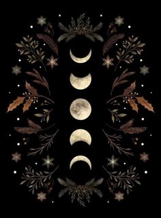 four phases of the moon with holly leaves and snowflakes on a black background