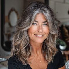 Transitioning Grey Hair With Highlights, How To Blend In Grey Hair, White Hair Highlights On Brown Hair, Grey Blended Hair Dark Brown, Silver Streaks In Brown Hair, Light Brown And Silver Hair, Grey Light Brown Hair, Gray Blended Hair, Grey Lob Haircut