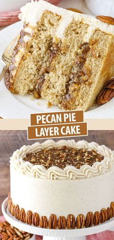 pecan pie layer cake on a white plate