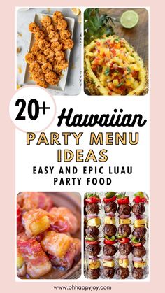 hawaiian party menu with text overlay that reads 20 hawaiian party menu ideas easy and epic luau party food