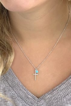 "This beautiful sterling silver cross necklace with opal charm is delight. This necklace include a 16\" chain with 2\" extension chain. The cross is 3/4th of an inch. Treat yourself with this beauty today!" Sterling Silver Cross Necklace With Birthstone, Silver Cross Necklace Woman, Turquoise Cross Necklace, Tiny Cross Necklace, Dainty Cross Necklace, Cross Jewelry Necklace, Silver Cross Necklace, Silver Turquoise Jewelry, Sterling Silver Cross Necklace