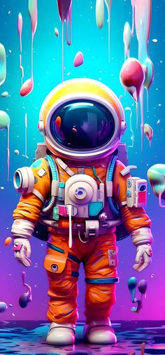 an astronaut is standing in the water with colorful liquid pouring from his suit and boots