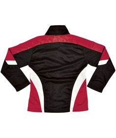 the back of a red and black jacket with white trims on it, showing an open