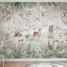 a child's room with deer and flowers on the wall, in front of a mural