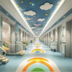 this is an image of a hallway in a child's room with rainbows and clouds painted on the ceiling