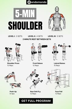 the 5 - min shoulder workout plan is shown in this graphic style, and includes exercises for