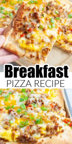 this breakfast pizza is loaded with sausage, cheese and green onions it's ready to be eaten