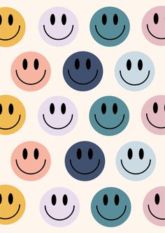 many different colored smiley faces on a white background