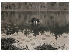 a black and white photo of a pond with water lilies