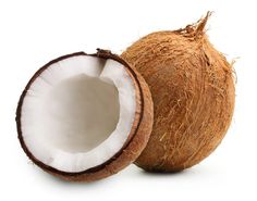 a half eaten coconut next to it's cut in half on a white background