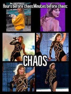 several pictures of the same woman in different outfits, with caption that reads hours before chaos minutes before chaos