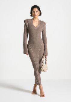 Wide Shoulder Knitted Midaxi Dress - Taupe Midaxi Dress, Long Sleeve Jumpsuit, Edgy Look, Brown Dress, Denim Coat, Care Label, Outfit Idea, 30th Birthday, Long Sleeve Bodysuit