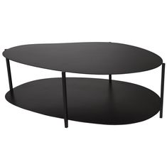 a black table with two shelves on each side and one shelf below it that has an oval shaped top