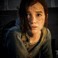 the last of us character is looking at the camera with an intense look on her face