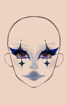 Masks Design Ideas, Blue Clown Makeup Halloween, Makeup Face Charts Creative, Pre Shower Makeup Ideas Crazy, Eyeless Makeup, Preshower Makeup Ideas, Cool Makeup Looks Creative Full Face, Face Paint Makeup Ideas