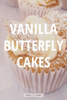 vanilla butterly cakes are topped with powdered sugar and sprinkled with icing