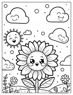 a coloring page with sunflowers and clouds