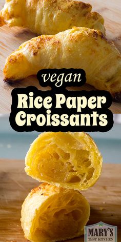 vegan rice paper croissants on a cutting board with text overlay