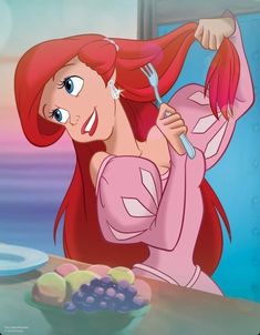 ariel from the little mermaid holding a fork and knife in front of a plate with grapes on it