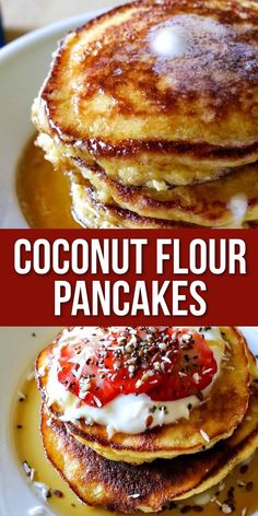 pancakes on a plate Keto Pancakes Almond Flour, Pancakes Almond Flour, Coconut Flour Pancakes Recipe, Keto Brood, Coconut Flour Pancakes, Coconut Pancakes, Coconut Flour Recipes, Flour Pancakes, Cookies Gluten Free