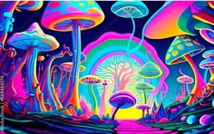 an image of colorful mushrooms in the forest