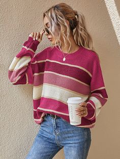 Striped Oversized Sweater #popular #fresh #NewArrivals #pomonaandpeach #BohoChic #boho #fashion Striped Oversized Sweater, Oversized Striped Sweater, Oversized Sweater Women, Sweater Oversize, Fuchsia Color, Mom Outfits, Oversized Sweater, Trendy Fashion Women, Sleeves Pattern