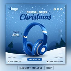 a blue christmas sale ad with headphones on the front and back side of it