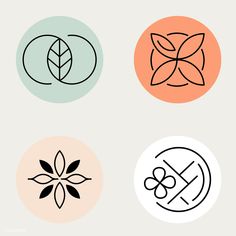 four circular logos with leaves and circles in the middle one is black, white, and orange