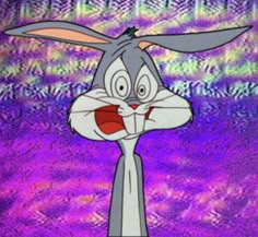 an animated rabbit with its mouth open in front of purple and blue background that says happy easter