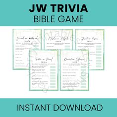 the jw trivia bible game is shown in four different colors and font options