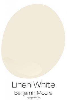 a white paint color with the words linen white in black and white text below it